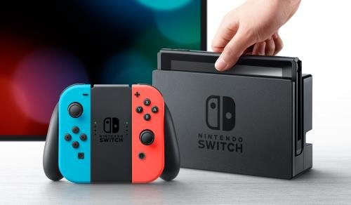 Console Nintendo Switch noire avec manettes Joy-Con droite rouge néon et Joy-Con gauche bleue néon