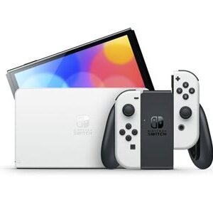 Nintendo Switch (modèle OLED) avec station d’accueil et manettes Joy-Con blanches